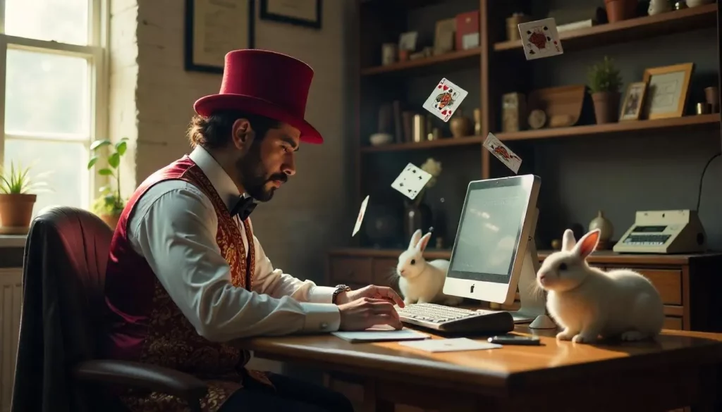 Magician with a top hat sitting in a room full of magic tricks, scrolling on a computer, illustrating Website Design for Magicians.